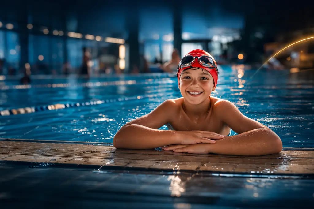 Радостный мальчик в бассейне